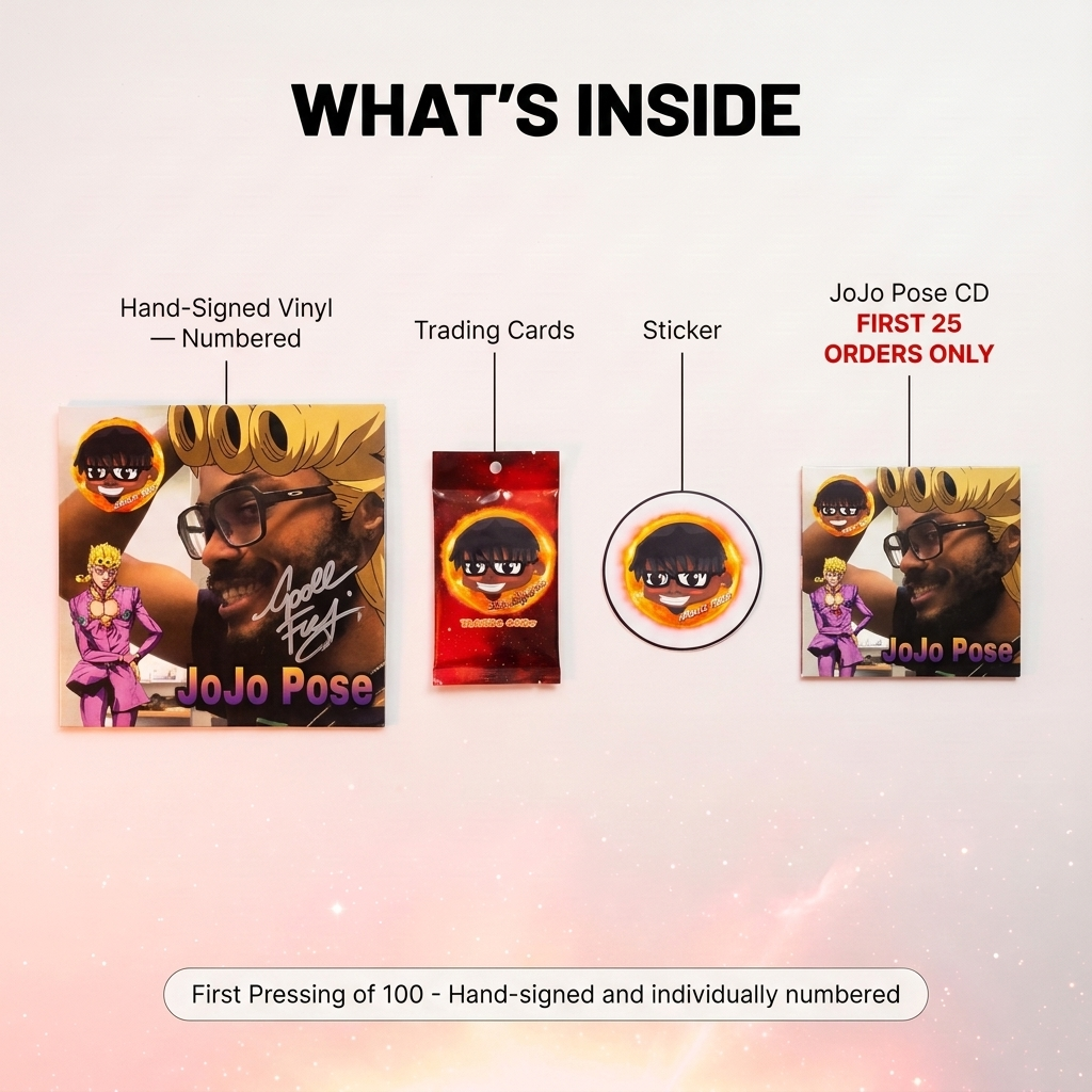 What's inside — hand-signed numbered JoJo Pose vinyl, trading cards, Apollo Fresh sticker, and a JoJo Pose CD free for the first 25 orders