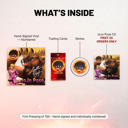 What's inside — hand-signed numbered JoJo Pose vinyl, trading cards, Apollo Fresh sticker, and a JoJo Pose CD free for the first 25 orders